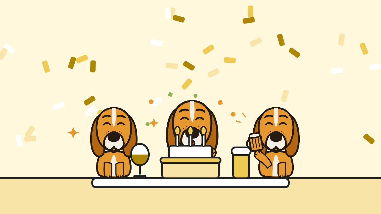 イラスト: 紙吹雪の中、ケーキを囲んで乾杯するマスコットたち